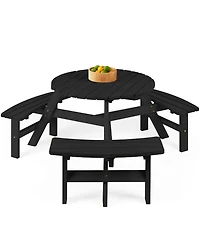 Best Choice Products 6-Person Circular Outdoor Wooden Picnic Table w/ 3 Built-In Benches, Umbrella Hole