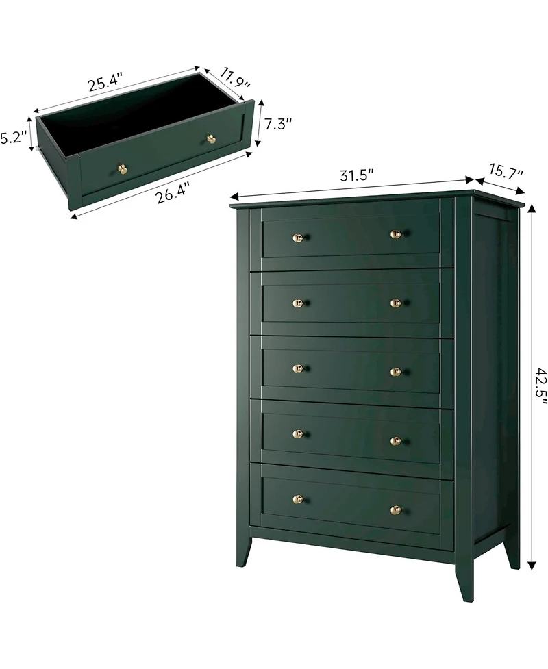Gaomon Green 5 Drawer Dresser for Bedroom, Tall Dresser with Deep Drawers & Metal Knobs, Modern Wooden Chests of Drawers for Entryway, Hallway