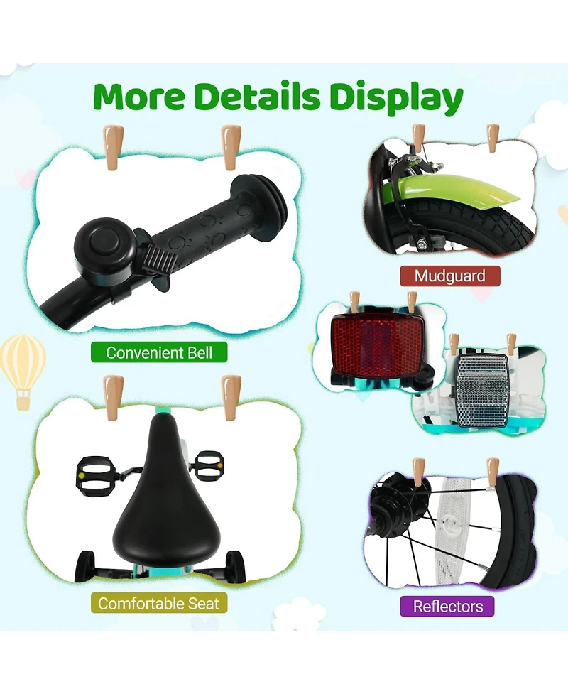 Mecale 14 Inch Kids Bike with Training Wheels and Basket Green Color-14