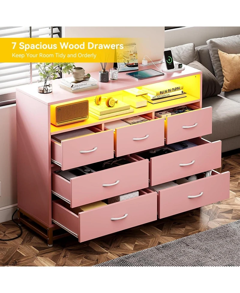 gaomon Dresser for Bedroom with 7 Drawers,Dresser Tv Stand with Charging Station and Led Lights, Modern Wooden Large Capacity Storage Dresser