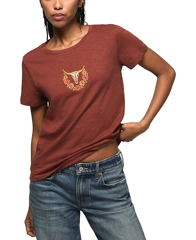 Lucky Brand Women's Floral Steer Skull Classic Crewneck T-Shirt