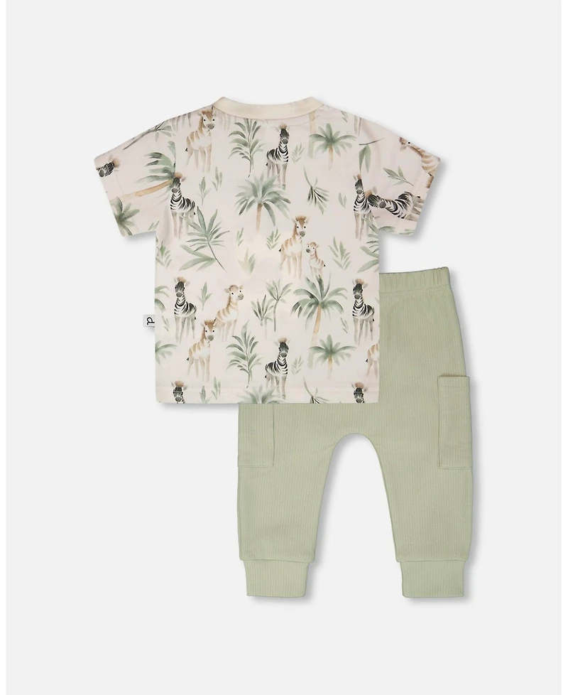 Deux par Baby Boys Cotton Jersey T-Shirt and Rib Pants Set Beige Zebra Print Sage Green