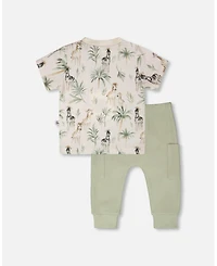 Deux par Baby Boys Cotton Jersey T-Shirt and Rib Pants Set Beige Zebra Print Sage Green