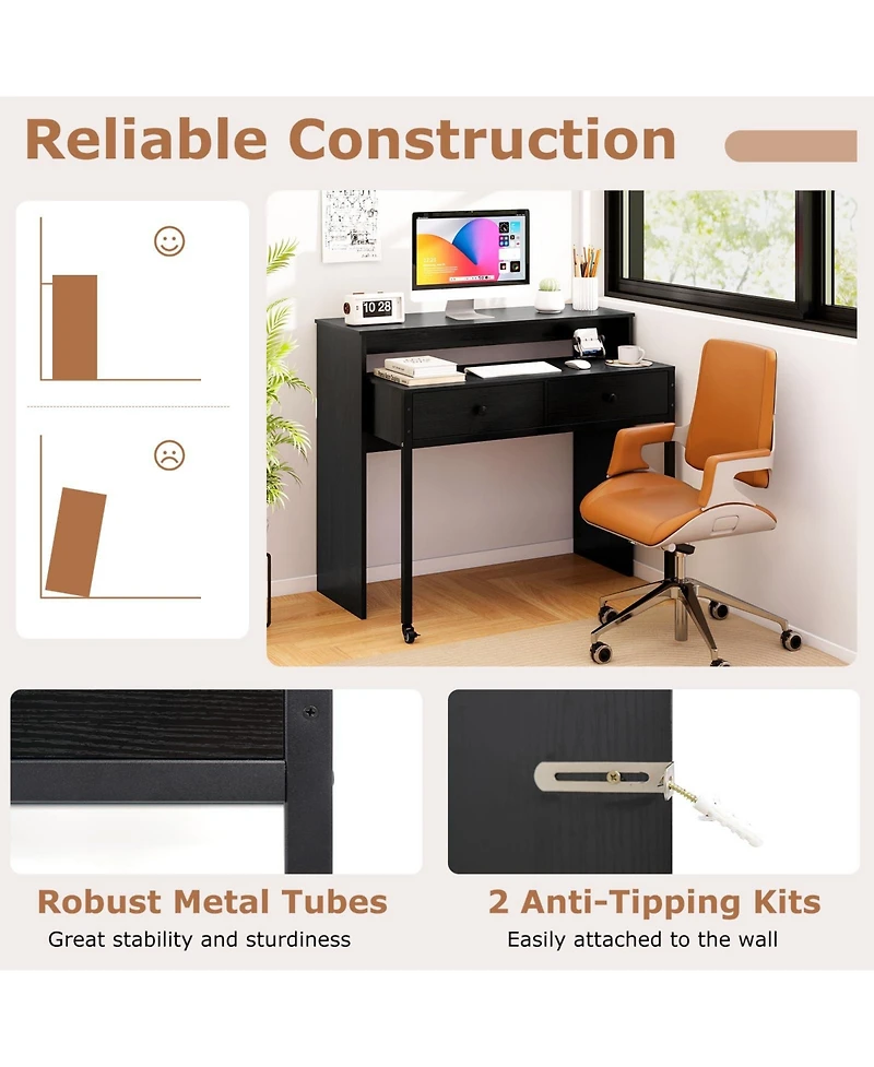 Mecale Extendable Rolling Computer Desk with 2 Drawers, Convertible Home Office Writing Desk