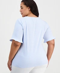 Jones New York Plus Striped Ruffle-Sleeve Tee