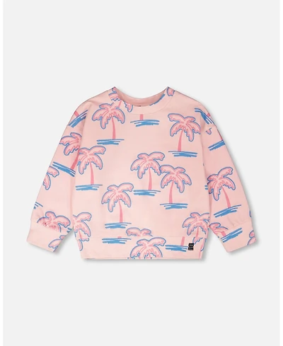Deux par Toddler Girls French Terry Sweatshirt Light Pink Palm Print