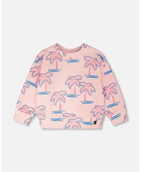 Deux par Toddler Girls French Terry Sweatshirt Light Pink Palm Print