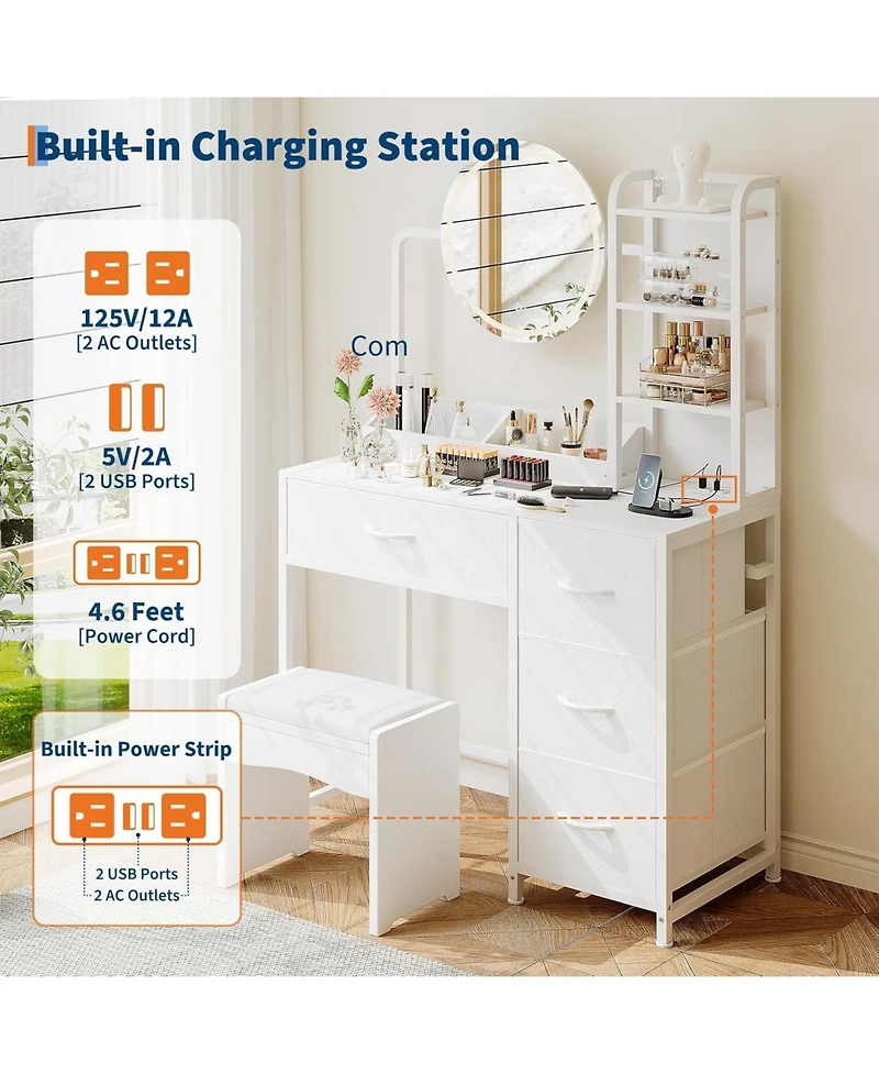 gaomon Modern Lighted Mirror Vanity, 4-Drawer Space-Saving Makeup Dressing Table for Bedroom