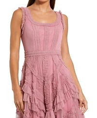 Mac Duggal Petite Scoop Neck Sleeveless Mesh Micro Ruffle Midi Dress