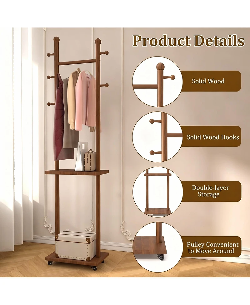 Yigii Solid Wood Walnut Coat Rack with Wheels & Shelves for Home