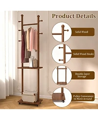 Yigii Solid Wood Walnut Coat Rack with Wheels & Shelves for Home