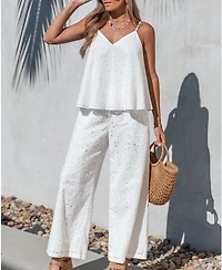 Cupshe Women's V-Neck Eyelet Embroidered Wide-Leg Matching Sets