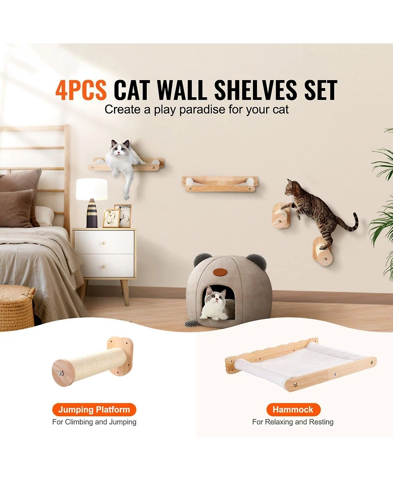 Cozito Wall-Mounted Cat Shelf Set with 2 Posts & 2 Hammocks
