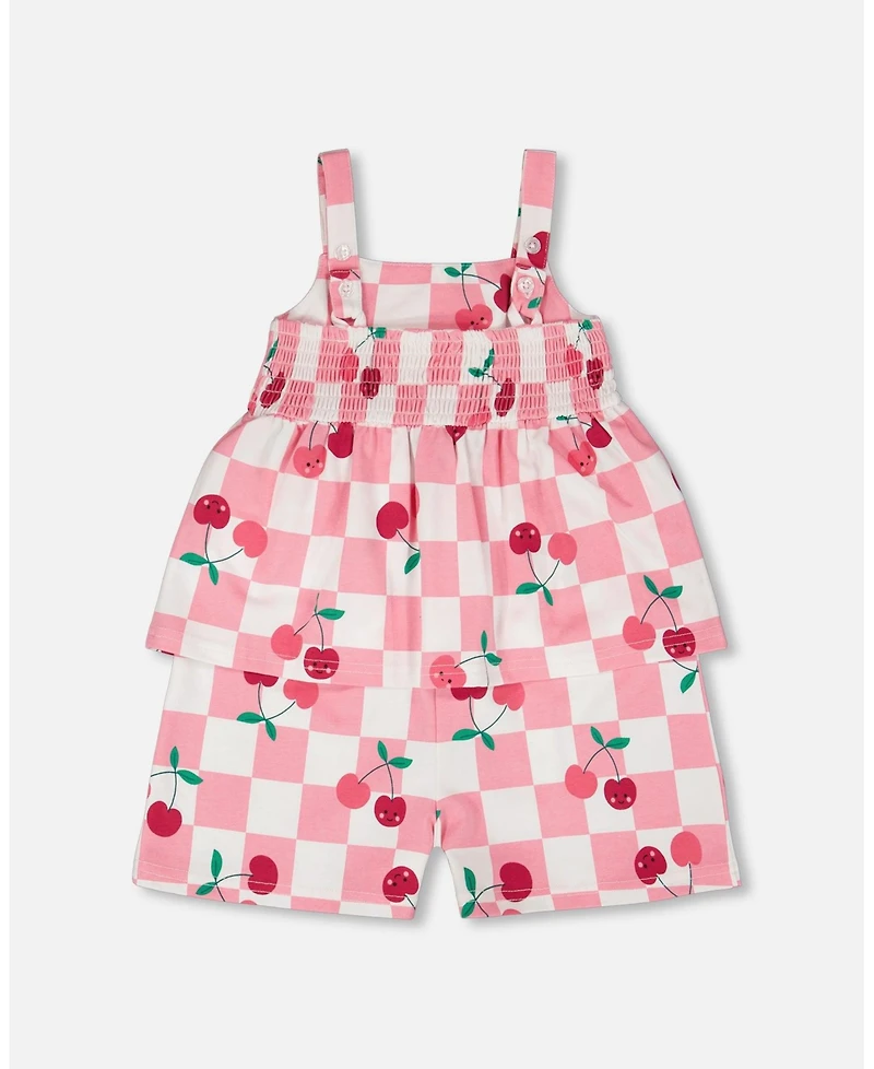 Deux par Deux Toddler Girls Cotton Jersey Romper Pink Printed Cherries