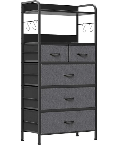 gaomon 5-Drawer Bedroom Dresser, Fabric Storage Dresser with Anti-Tip Kit and 4 Hooks, Tall Vertical Dressers, Sturdy Steel Frame, Wooden Tabletop