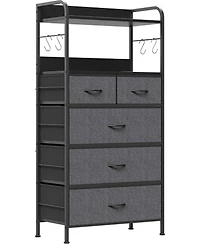 gaomon 5-Drawer Bedroom Dresser, Fabric Storage Dresser with Anti-Tip Kit and 4 Hooks, Tall Vertical Dressers, Sturdy Steel Frame, Wooden Tabletop