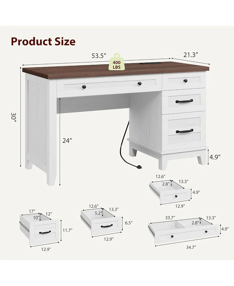 Gaomon 53.5" Farmhouse Executive Desk with File Drawers & Charging Station