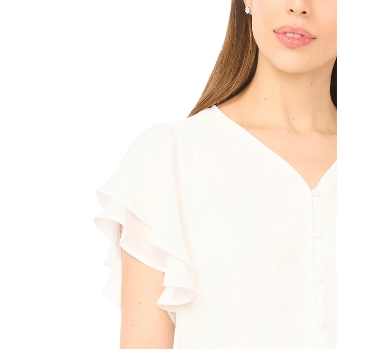 CeCe Women's V-Neck Double Flutter Sleeves Top