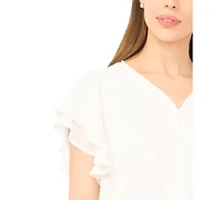 CeCe Women's V-Neck Double Flutter Sleeves Top