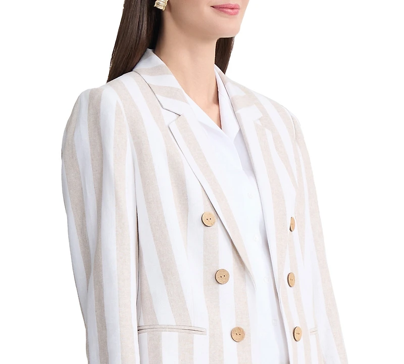 Jones New York Women's Faux Double Breasted Stripe Linen Jacket
