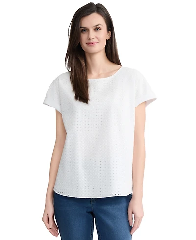 Jones New York Women's Eyelet Boat Neck Side Button Top