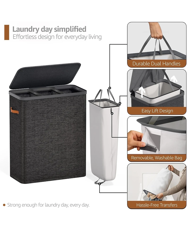 Sorbus 3-Compartment Laundry Basket with Removable Bag - Durable Organizer for Bathroom, Bedroom, or Room Space Saving Design