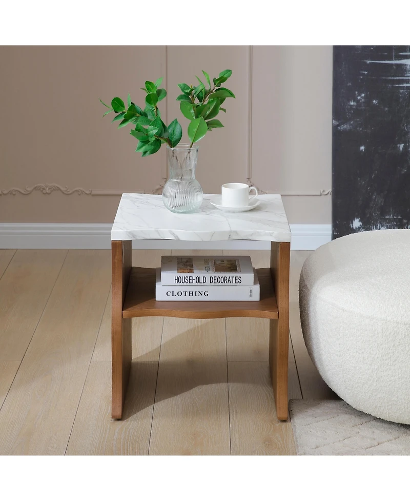 Boyel Living 17.72 Inches Whisper of Waves Modern End Table with Storage Shelf and Faux Marble Top