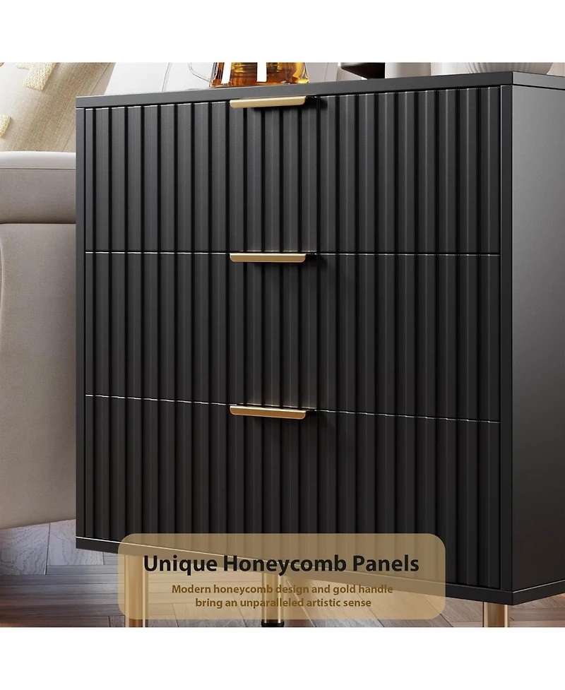 gaomon Fluted 3 Drawer Bedroom Dresser, Modern Nightstand with Deep Drawers