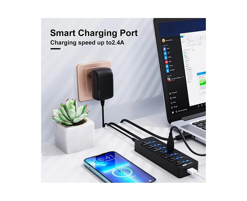 Risokeys 7-Port Usb 3.0 Hub, Individual Switches, 5Gbps High-Speed Data Transfer,for Laptop, Pc, MacBook,Ideal for Home, Office