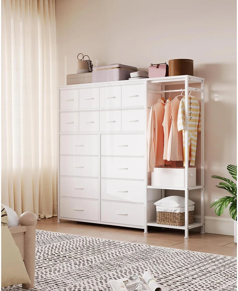 gaomon Tall Dresser for Bedroom, Fabric Dressers with 16 Drawers & Clothes Rack & 2 Storage Shelves, Pu Closet Dresser with Hanging Space