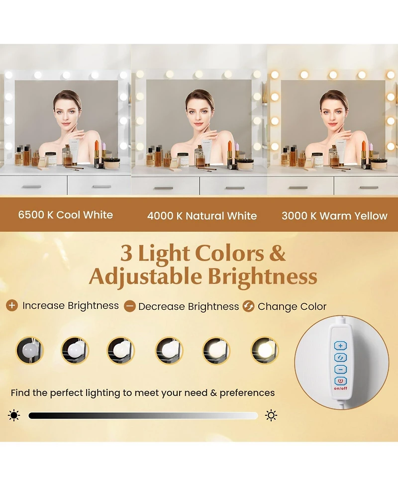 Vanity Desk with Lighted Mirror and Power Outlets, Makeup Dressing Table