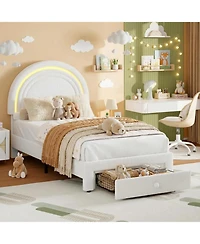 gaomon Twin Led Kids Bed Frame, Upholstered Platform with Rainbow Headboard & Storage Drawer, No Box Spring Needed