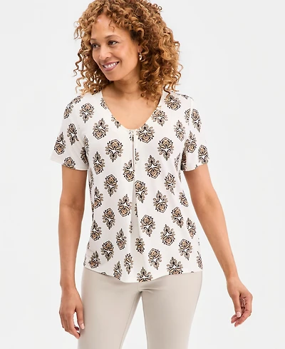 Jm Collection Women's Printed V-Neck Front-Zip Pleated Top, Macy's Exclusive