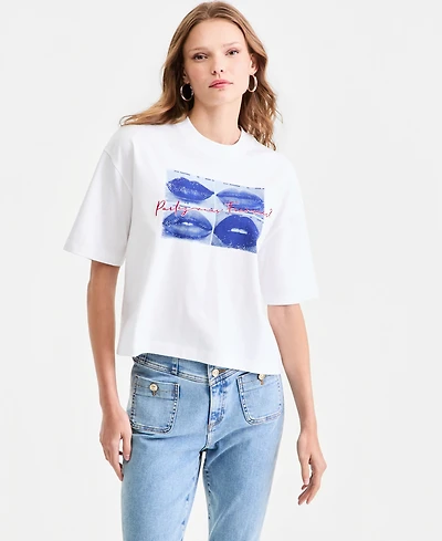 Guess Women's Cotton Oversized French Lips Tee