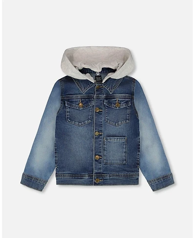 Deux par Boys Navy Blue Denim Jacket with Removable French Terry Hood