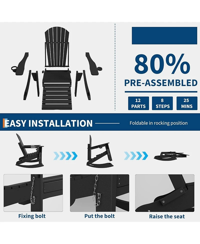 4-in-1 Folding Adirondack Rocker - Ottoman & Cup Holders, Hdpe 380LBS 304 Steel, 80% Pre-Assembled (Grey, 1pc)