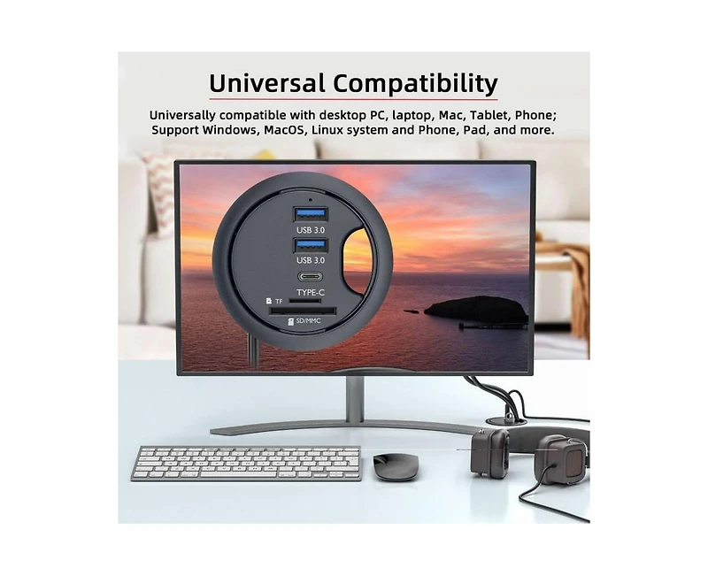 Risokeys 5 in 1 Flush Mount Desktop Usb 3.0 Hub with 5Gbps Data Transfer and Sd/Tf Card Reader
