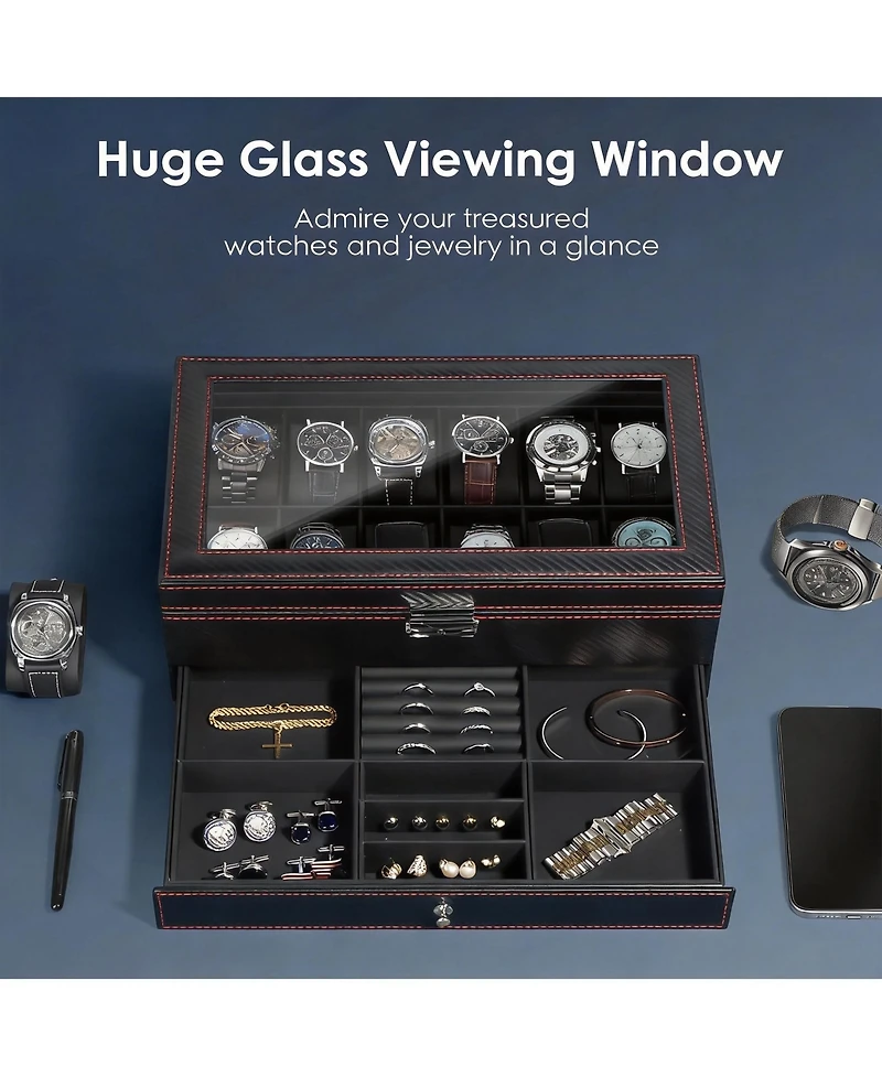 Yigii Premium Leather Watch & Jewelry Organizer with Glass Lid