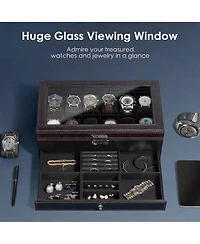 Yigii Premium Leather Watch & Jewelry Organizer with Glass Lid