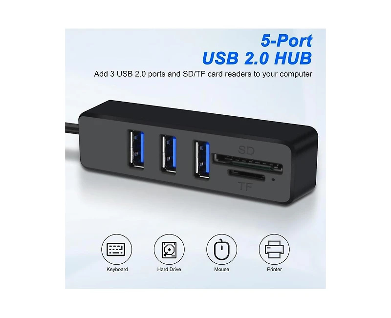 Risokeys 5 in 1 Usb A Hub Splitter, 480Mbps Data Transfer & Sd/Tf Card Reader, for Laptop/Smartphone,Ideal for Office Workers