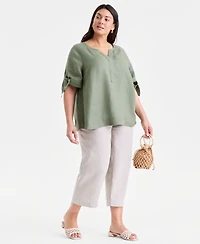 Charter Club Plus Linen Solid Split-Neck Tie-Cuff Top, Exclusively at Macy's