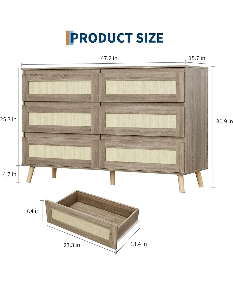 Gaomon 6 Drawer Dresser for Bedroom, Rattan Chest of Dressers, Modern Farmhouse Wood Dresser, Storage Cabinet for Closet, Living Room