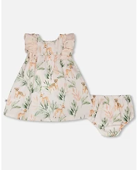 Deux par Baby Girls Muslin Dress and Bloomer Set Peach Deer Print