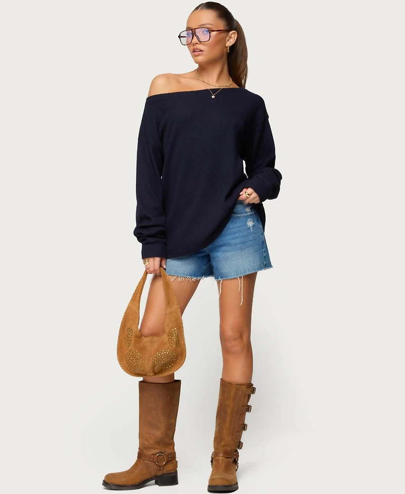 Edikted Women's Damari Off Shoulder Oversized Waffle Top