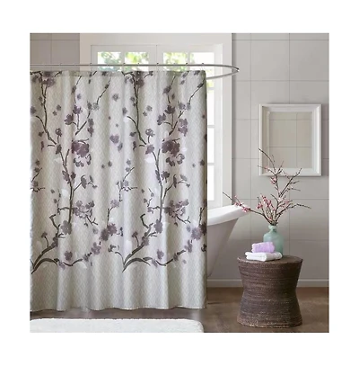 Slickblue Cotton Shower Curtain with Purple Grey Beige Floral Blossom Pattern