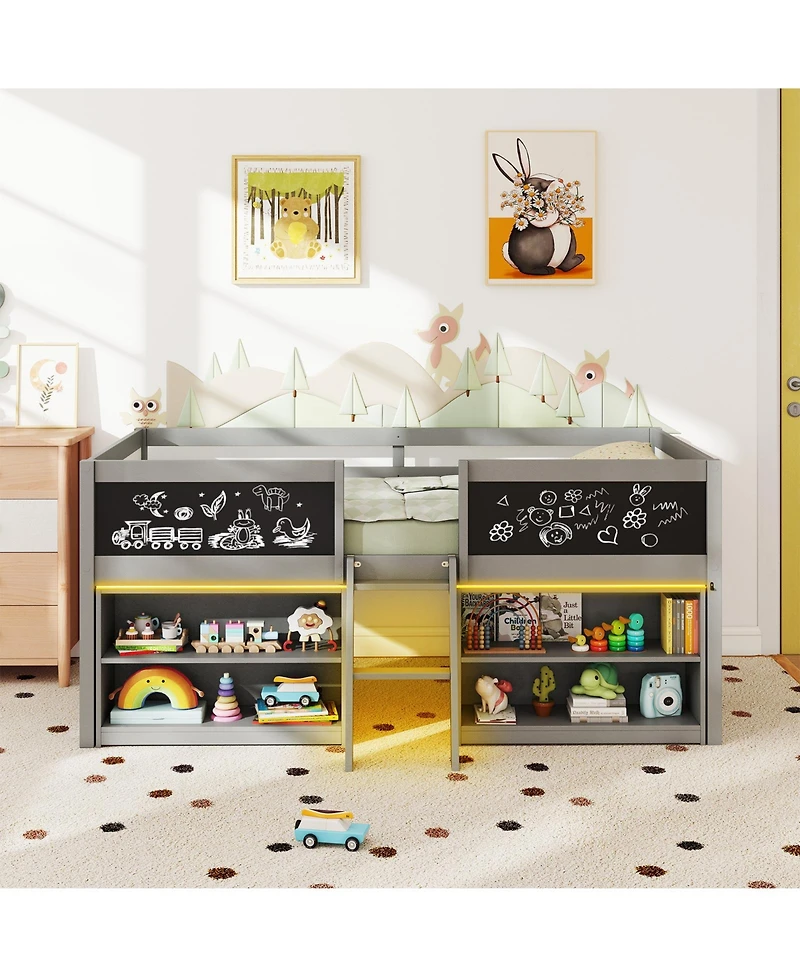 Slickblue Kids Low Loft Bed with Bookcases and Led Cabin Design