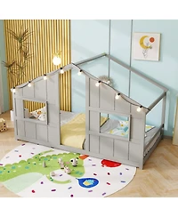 Slickblue Kids Twin Floor Bed, House-Shaped Design with Led Lighting