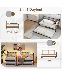 gaomon Twin Daybed with Trundle, Metal Sofa Bed Frame with Charging Station & Led Lights, Pull-Out Trundle for Bedroom, Guest Room, Small Spaces