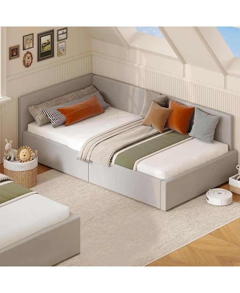 gaomon Twin Daybed with Bed Rails, Velvet Corner Bed Frame with Headboard, Modern Kids Bed with Guardrail for Living Room, Bedroom
