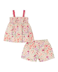 Deux par Deux Big Girls Tank Top with Smocking and Shorts Set in Muslin Off White Printed Flowers